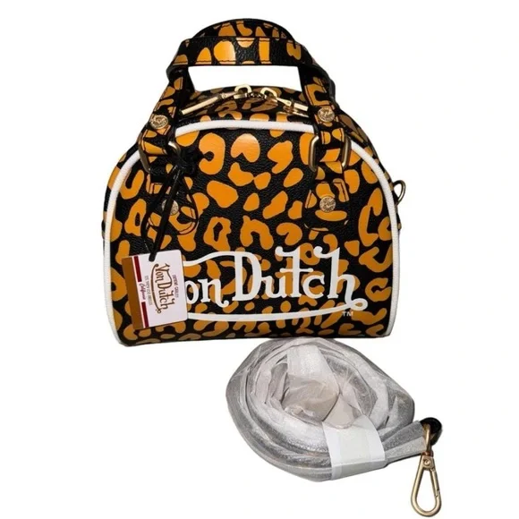 Von Dutch Orange/Apricot Crushblack Cheetah Small Bowling Bag/Purse/Hand Bag NEW - Picture 7 of 11